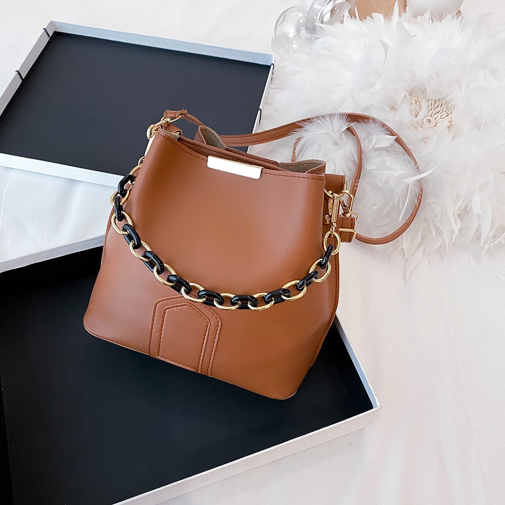 Exquisite Shopping Bag Women Bucket Shoulder Bag Simple Solid Color PU Leather Daily Crossbody Satchel