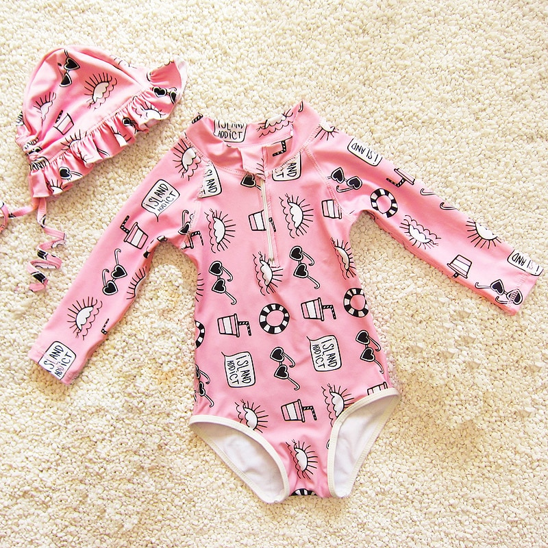 Dollplus badmode voor meisjes zomer lange mouwen bedrukt badpak meisjes 2 stuks babymeisjes cartoon strandkleding peutermeisjes badmode