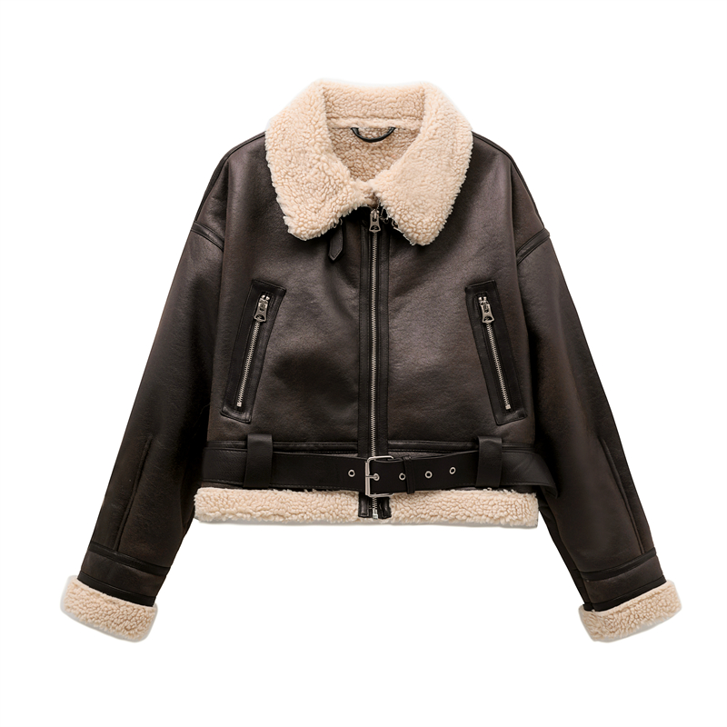 ZVRI 2023 Vrouw Mode Dikke Warme Faux Shearling Jasje Vintage Lange Mouw Riem Zoom Vrouwelijke Outerw