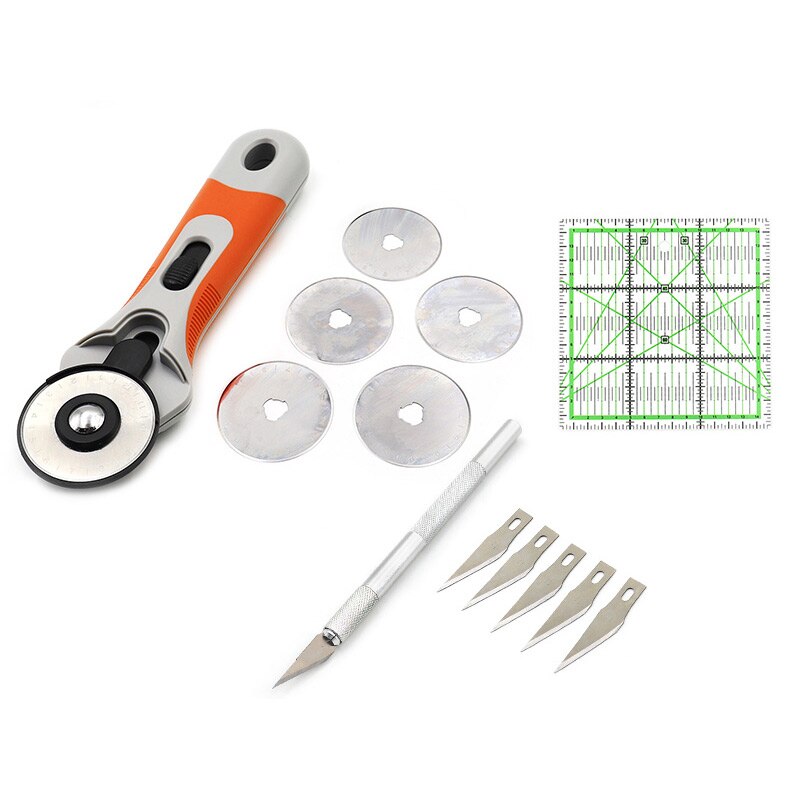 Sewing Kit Set Clothing Sewing Tools Hand Cutting Knife Set Patchwork Cloth Knife Patchwork Ruler DIY tool A4 cutting pad: Orange