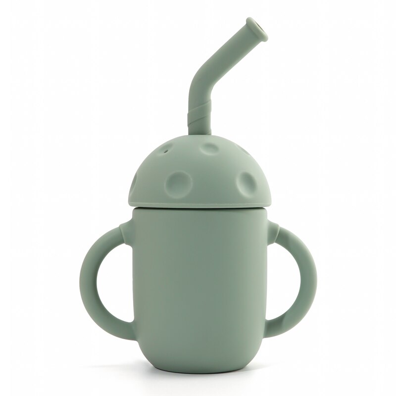 Tasse à champignon en Silicone pour enfants, avec paille, à Double poignée, isolation thermique, en Silicone souple, facile à nettoyer: 007-sage