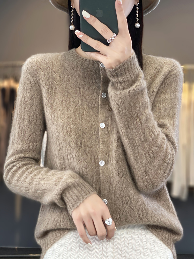 Casaco oco de malha feminino, Cardigans 100% lã merino, suéter confortável, tops de lazer, roupas básicas, outono, inverno, 2022: M / CAMEL