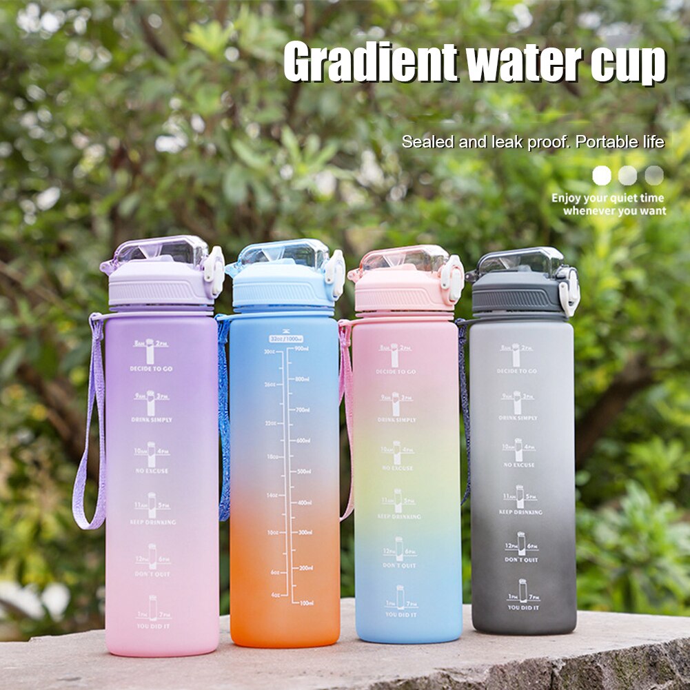 1000Ml Sport Water Fles Met Tijd Marker Voor Outdoor Gym Fitness Reizen Draagbare Lekvrij Drinkware Plastic Drinkbekers