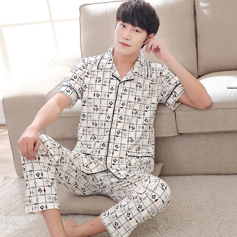 Men's Pajamas Summer Short Sleeve Sleepwear Cotton Geometric Cardigan Pyjamas Men Lounge Pajama Sets Plus size M-4XL Sleep