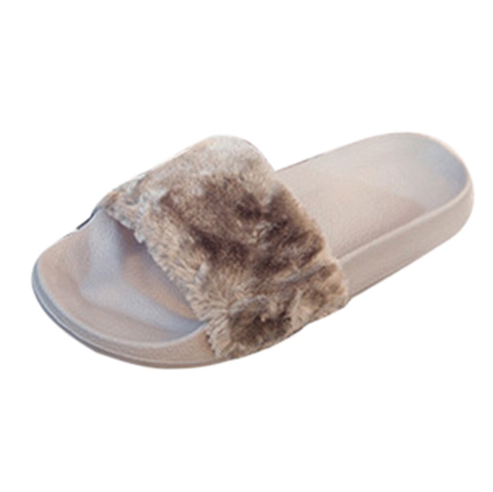 Sandale plate avec fausse fourrure pour femmes, pantoufle moelleuse, talon plat, collection sans lacet: Gris / 37