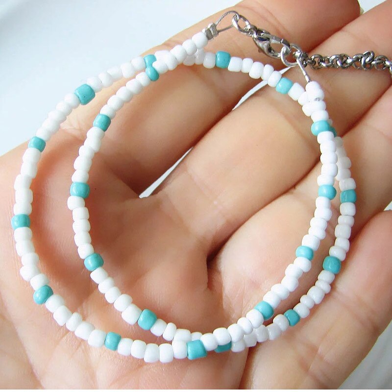 Boho Kralen Choker Dainty Multicolor Glas Zaad Kraal Bohemian Vrouwen Strand Chokers Kettingen Strand Sieraden Choker Kettingen: White blue