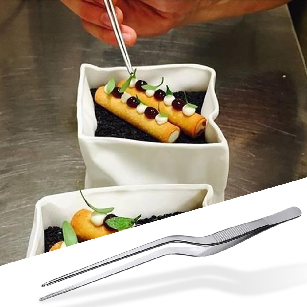 Pinzas profesionales para Chef, pinzas para servir en presentación, acero inoxidable, Offset, utensilios de cocina, 6 opciones