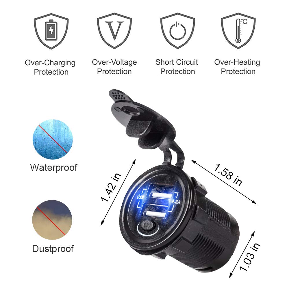 Car Usb Adapter Conerter With Led Light Waterproof Quick Charge Cable With Switch On/Off Button
