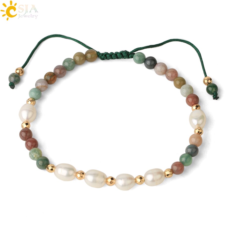 Csja Strand Armband 4 Mm Natuursteen Witte Parel Kristal Kralen Verstelbare Gevlochten Armbanden Voor Vrouwen Mannen Healing Sieraden G482: Indian Agate