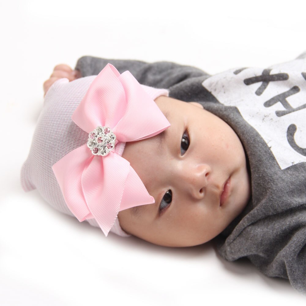 Newborn Chiffon bow baby hat Solid Pink Blue Color Soft Hospital Girls Caps newborn photography props baby accessories for 0-3M