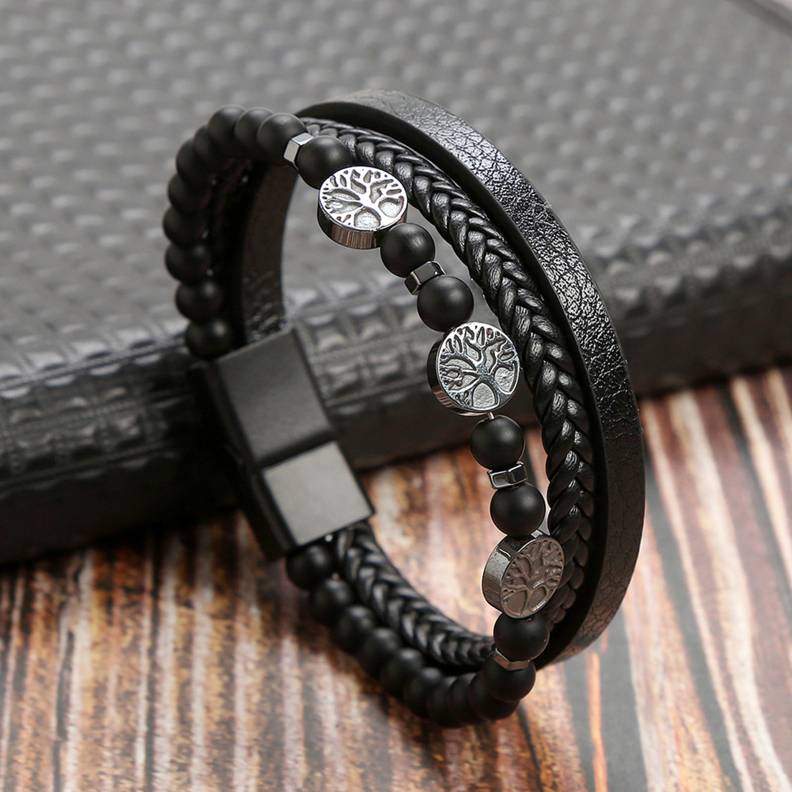 Vnox Retro Tree Of Life Armbanden Voor Mannen Vader Vader Bff, Zwart Gevlochten Leren Touwketting Multi-Lagen Polsband Cadeau Sieraden