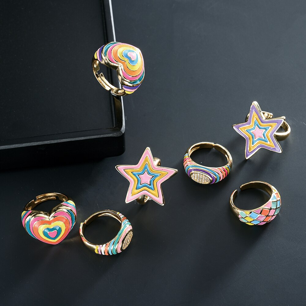 Rainbow Enamel Druipend Olie Ster Hart Ringen Voor Vrouwen Koper Goud Kleur Zirconia Punk Ringen Trendy Sieraden Verstelbare