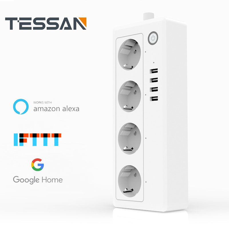 Wifi smart strømskinne intelligent stikkontakt 4 ac uttak 4 usb-ladeporter stemmefjernkontroll alexa ekko google assistent 16a
