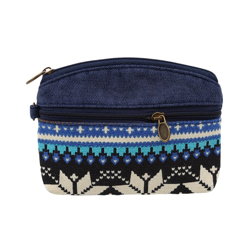 Etnisk lerret mini lommebok dame dobbel glidelås mynt vesker barn mynt lommebok for jenter nøkkel lommebøker