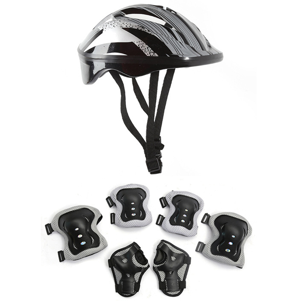 7Pcs Bicycle Sport Protective Gear Set Breathable Kids Skateboard Scooter Helmet Set 48-55cm for Skateboard/Bike/Skating/Cycling: black