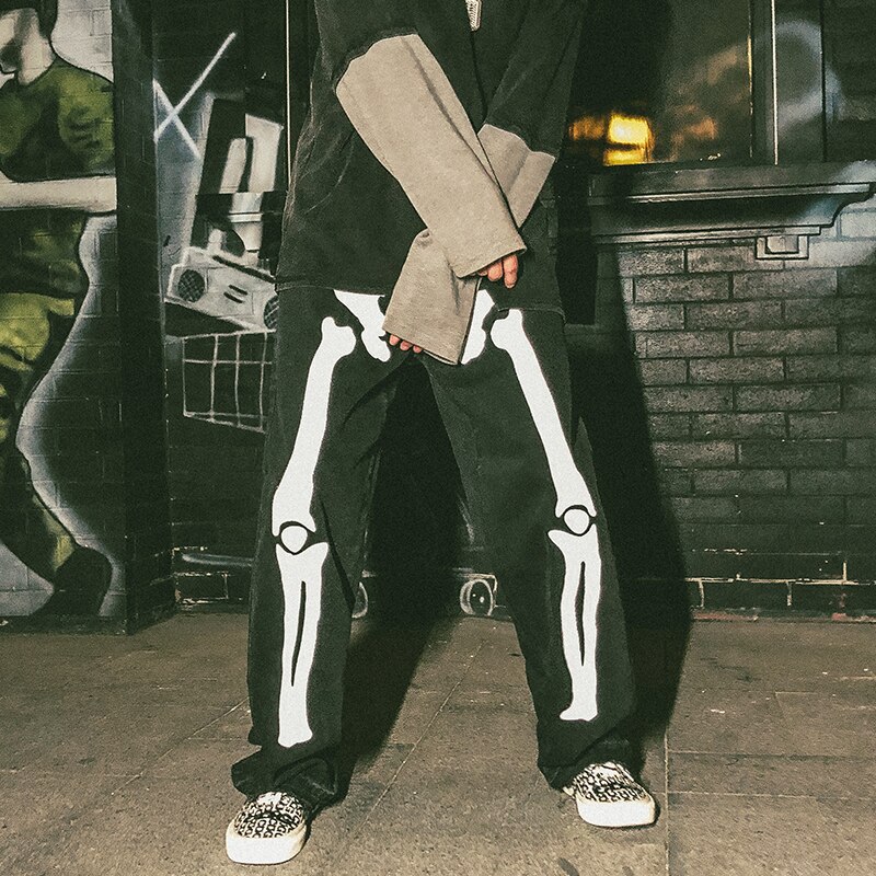 Männer Reflektierende Knochen aufbringen verlieren Beiläufige Breite Bein Jeans Männlichen Straße Hüfte hüpfen Punk gotisch Harem Denim Hosen Hosen