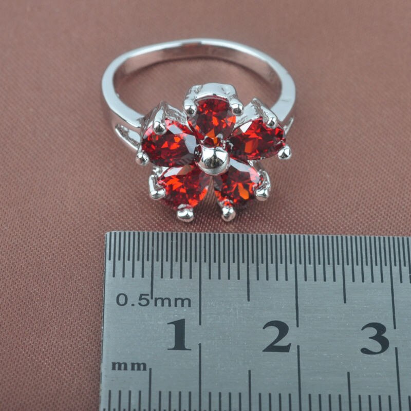 Kvinders sølvfarvede krystal smykkesæt rød granat blomst armbånd halskæde og øreringe ring sæt  yz0251