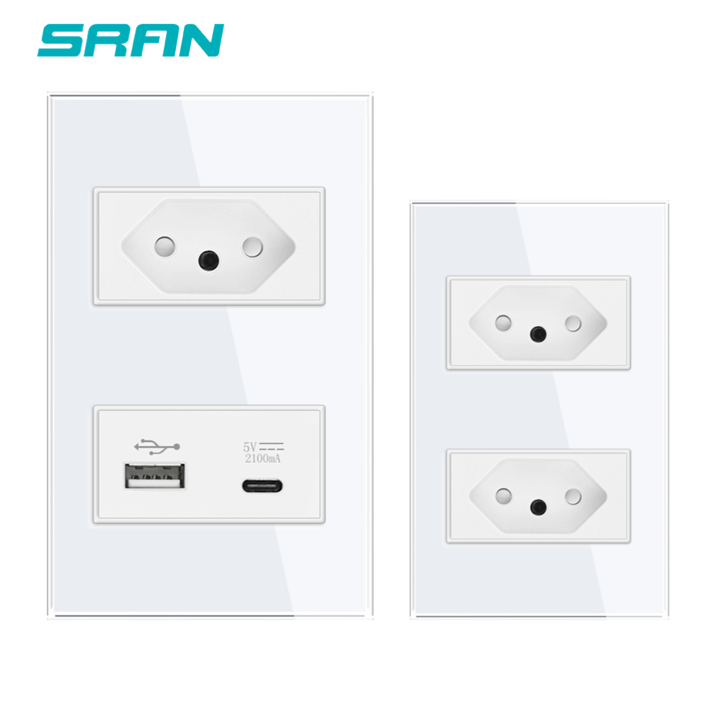 Brasilien 10a 20a Steckdose 2 Stifte See AC 118 mm * 72 mm gehärtete Glassteckdose mit USB und Typ-C, BR USB-Wandsteckdose