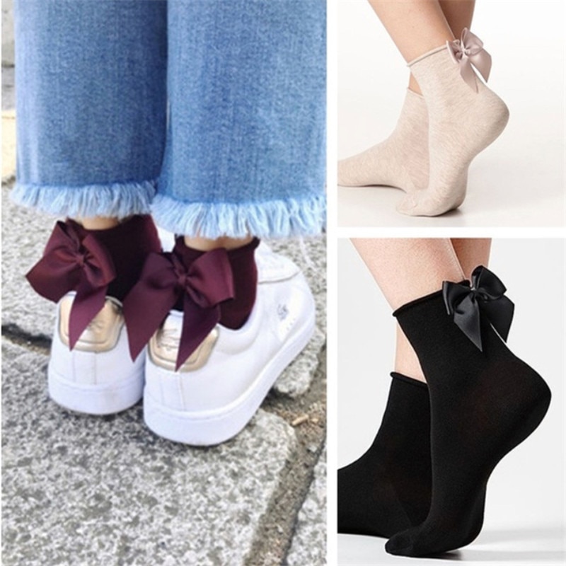 Chaussettes en coton à gros nœud pour femmes, à la , colorées, Kawaii, mignonnes, pour filles