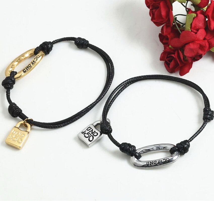 Women Men Silver Color Gold Stainless Steel Hollow Heart Lock key UNO de50 Weave Black Rope Adjustable Bracelet Jewelry