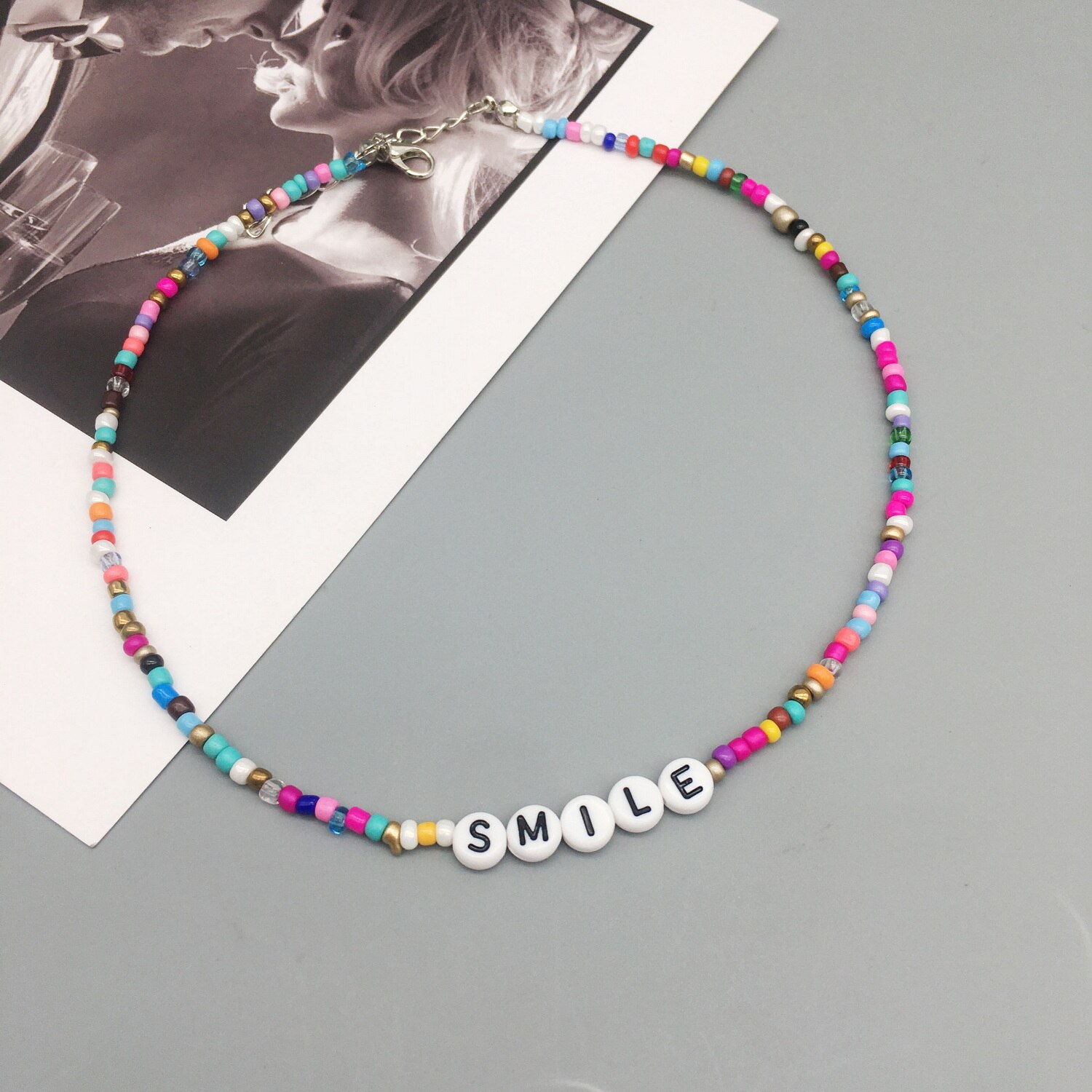 Boho Handmade Diy Seed Bead Necklace Letter Lucky Love Happy Choker Strand Chain Colorful Female Beach Collier Femme Jewelry: Smile