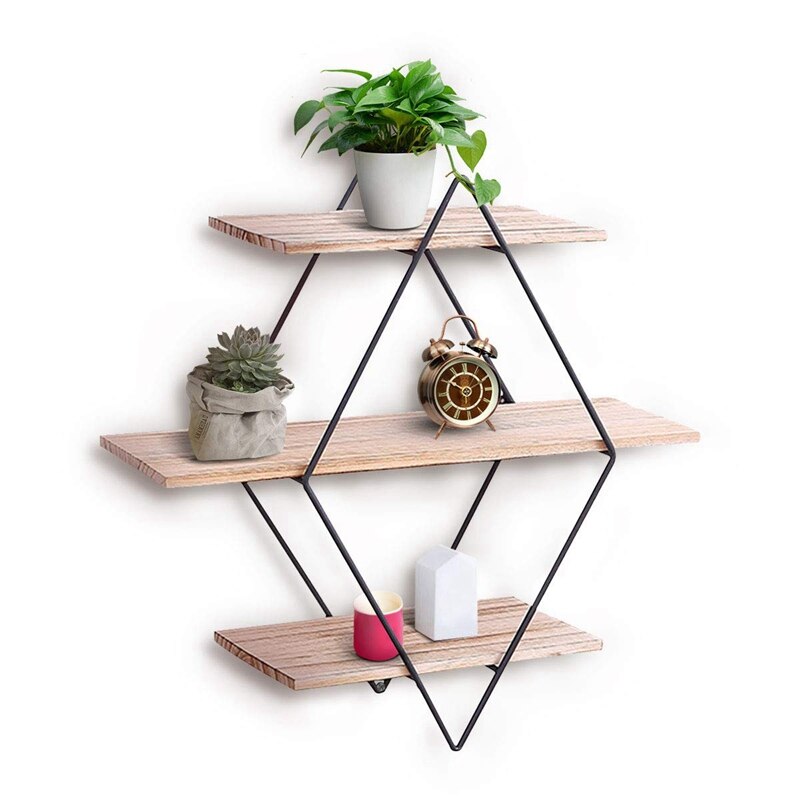 Antieke Houten Muur Drijvende Opslag Rekken Display Stand Plank Decoratieve Muur Frame 3 Lagen Geometrische Diamant Muur