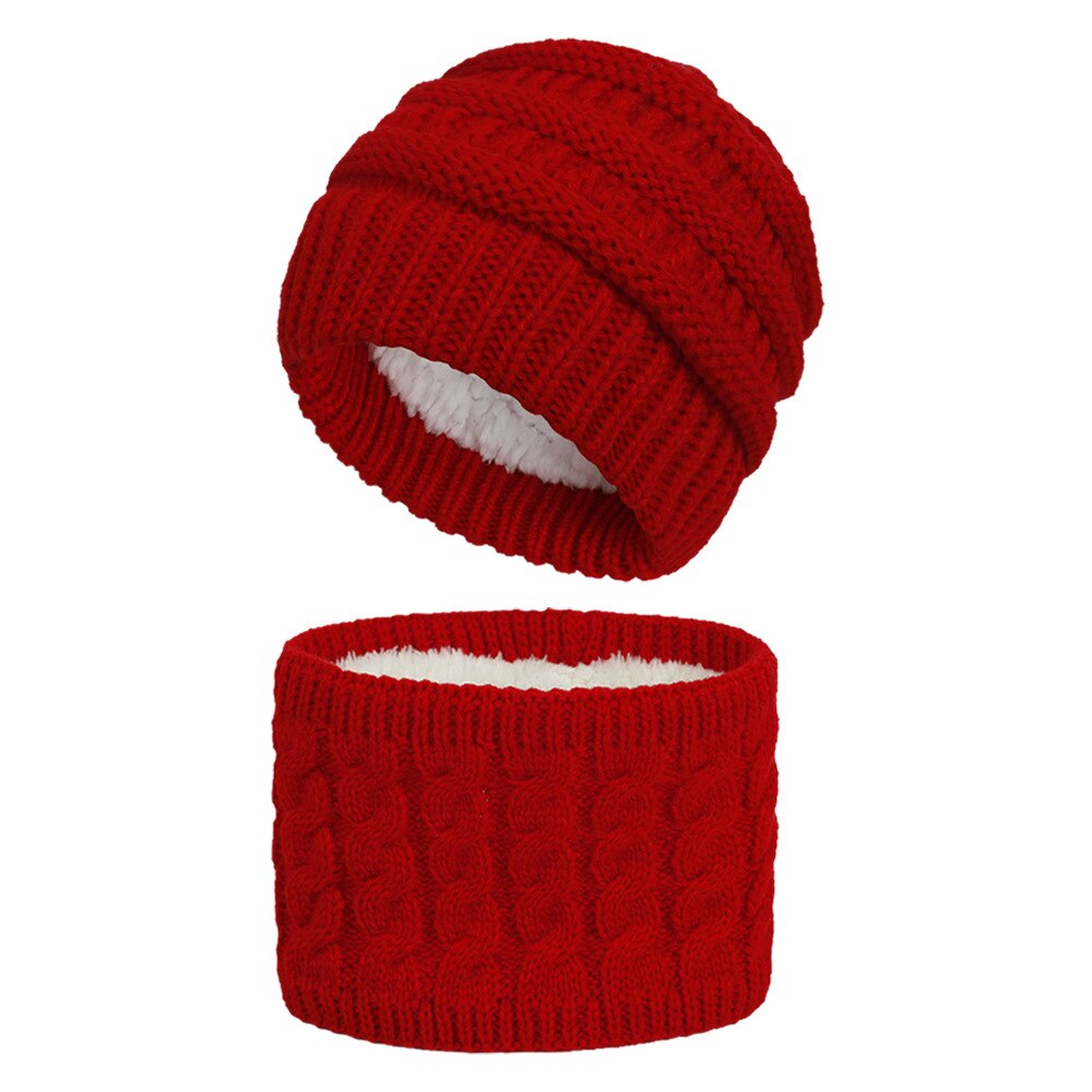 Winter Children's Skullies Hat Scarf Set Thick Knitted Kids Two pieces Fluffy Hats Scarf Sets Solid Warm Cap Girls boys Hats: Red