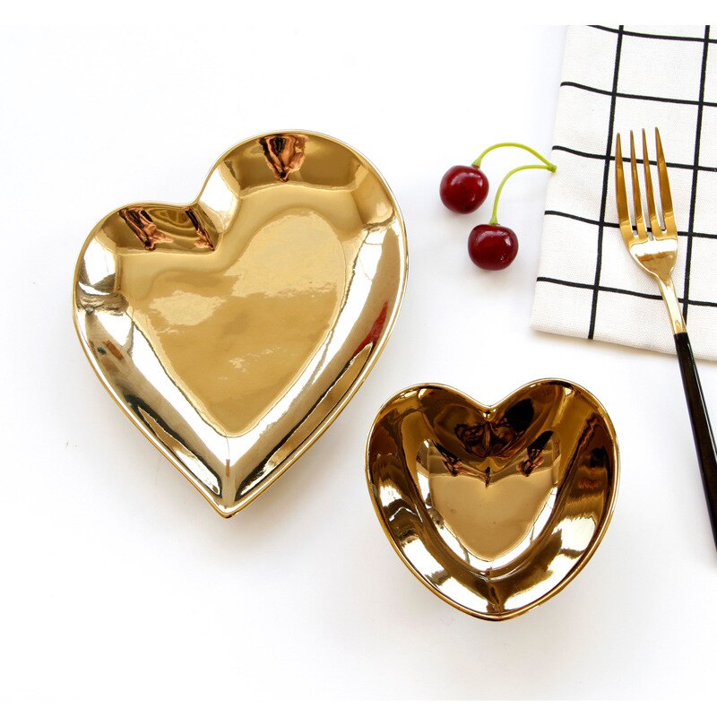 Heart Shape Ceramic Plate Bowl Irregular Electroplating Gold Porcelain Dinnerware Romatic Breakfast Snack Dishes Plate