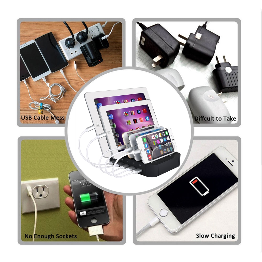 Evfun USB Station de charge organisateur Dock 5 ports chargeur de bureau universel téléphone portable iPhone support de charge Multiple Multi dispositif