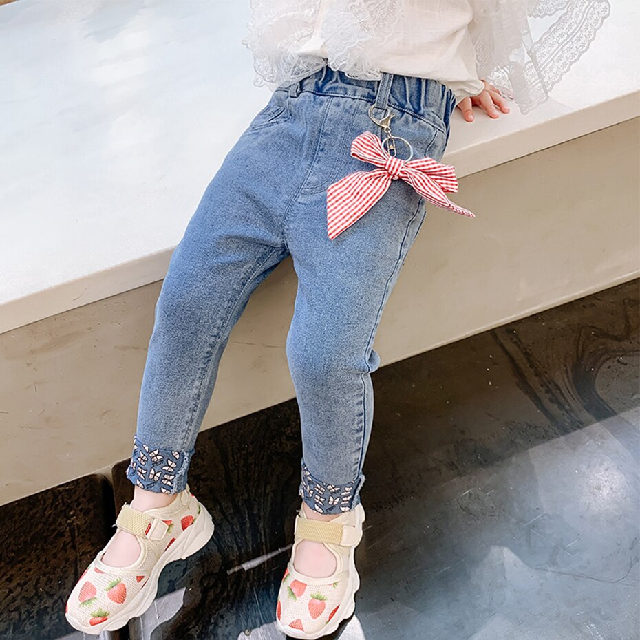 Baby Jeans Boog Peuter Meisje Jeans Bloemmotief Jeans Meisjes Lente Herfst Baby Meisje Kleding Casual Stijl