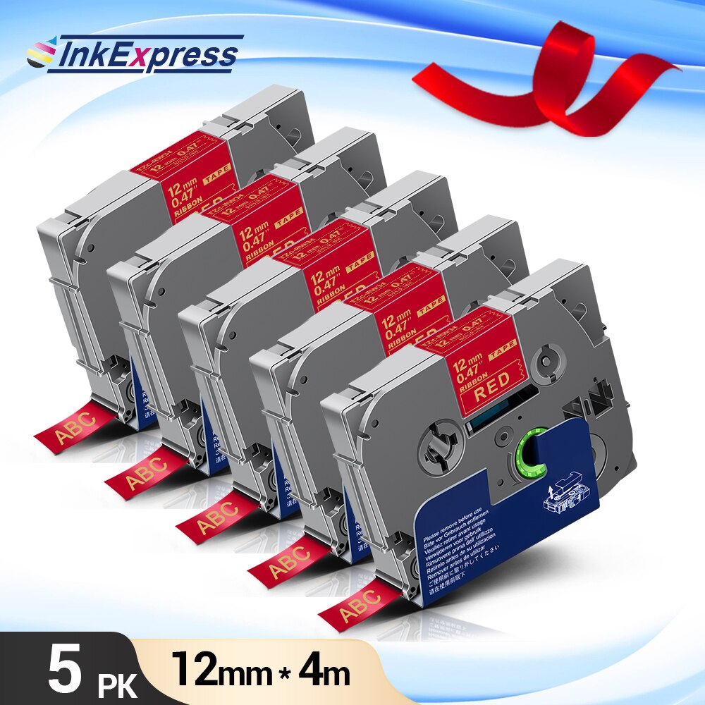 5PK satyna taśma wstążkowa dla brata upiększyć taśma RE34 RN34 R234 RW34 R231 12mm dla brata PT drukarka etykiet PT-H110 PTE100 D600: Gold on Red