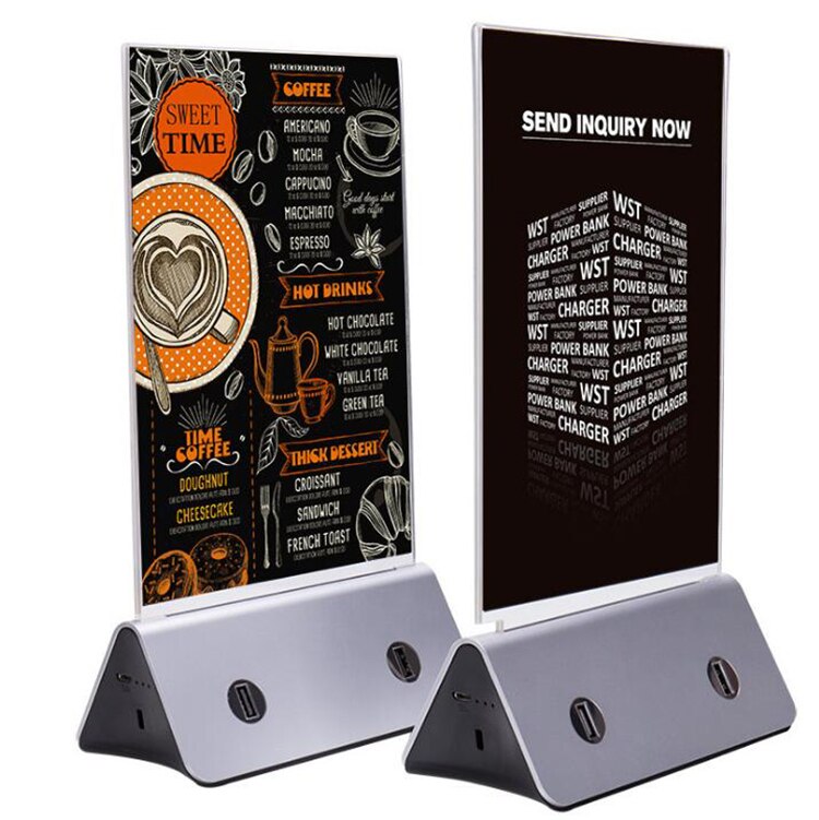 4-USB Ports Power Bank Charger For Restaurant Table Menu Number Stand Holder Acrylic Plastic A5 Size LED Light 10000mAh