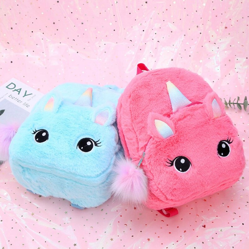 Plush Unicorn Backpack Fluffy Unicorn School Bag Baby Children School Bag Double Shoulder Bag For Kindergarten Girl Boy