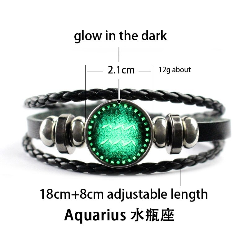 Luminous 12 Constellation Glow In The Dark Bracelet Men Leather Glowing Night Fluorescence Charm Bracelets for Halloween: Aquarius