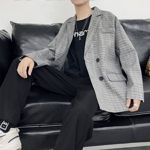 Blazers homens xadrez cinza estilo coreano adolescentes moda casual casacos solto chique all-match streetwear retro outwear estudantes novo macio: M