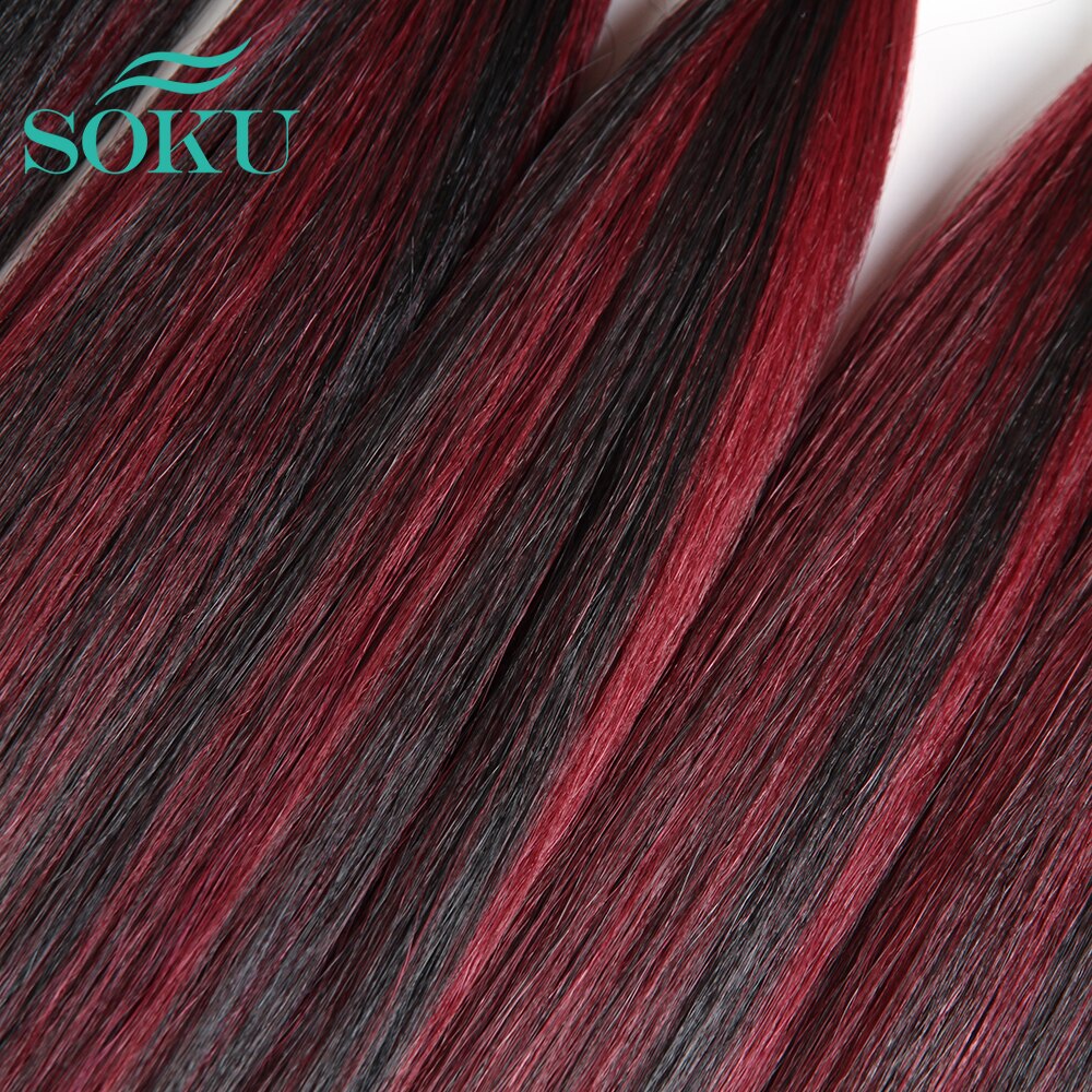 Soku Rood Haar Bundels Met Sluiting 14-18Inch Synthetisch Haar Bundels Met Vetersluiting Yaki Steil Haar Weave extensions