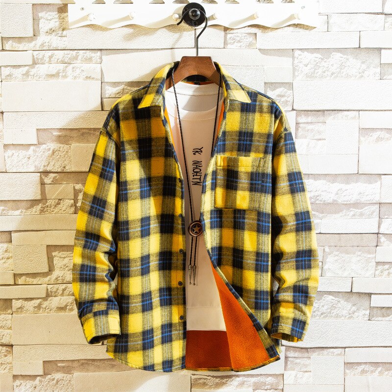 Men Clothes Men's Warm Shirt Plus Velvet Thick Youth Plaid Winter Undershirt Long Sleeve Youth Shirt: Yellow / 5XL