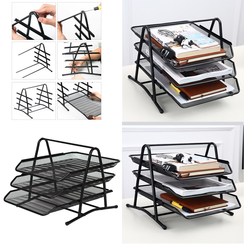 3-Tier Mesh Letter Tray Office Filing Tray Holder Stackable Document Letter Tray