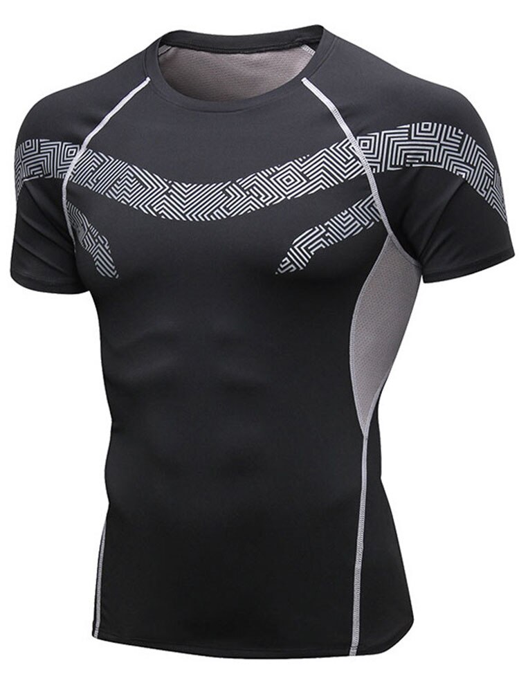 Camiseta masculina de algodão puro moda de fitness estiramento de manga curta ginásio casual ajuste apertado camiseta superior t camisa para homem: Black / L