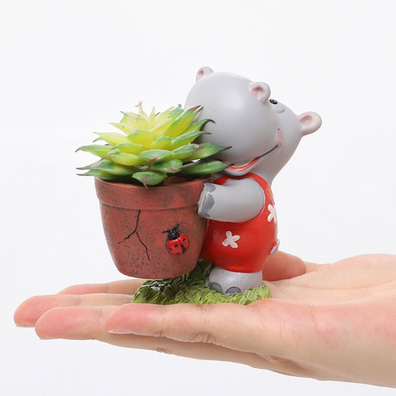 Pot de fleur en résine dessin animé Hippo, récipient charnu pour plantes, artisanat de bureau P31E