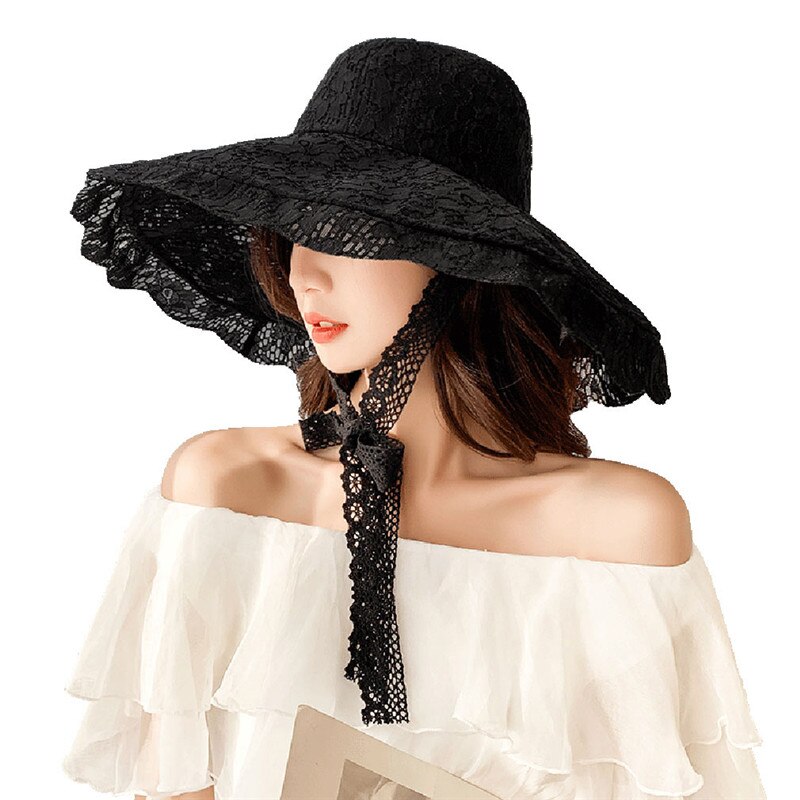 Grand chapeau de soleil à large bord chapeau de dentelle souple été blanc dentelle noire église fête chapeaux de mariage chapeau de plage emballable: black