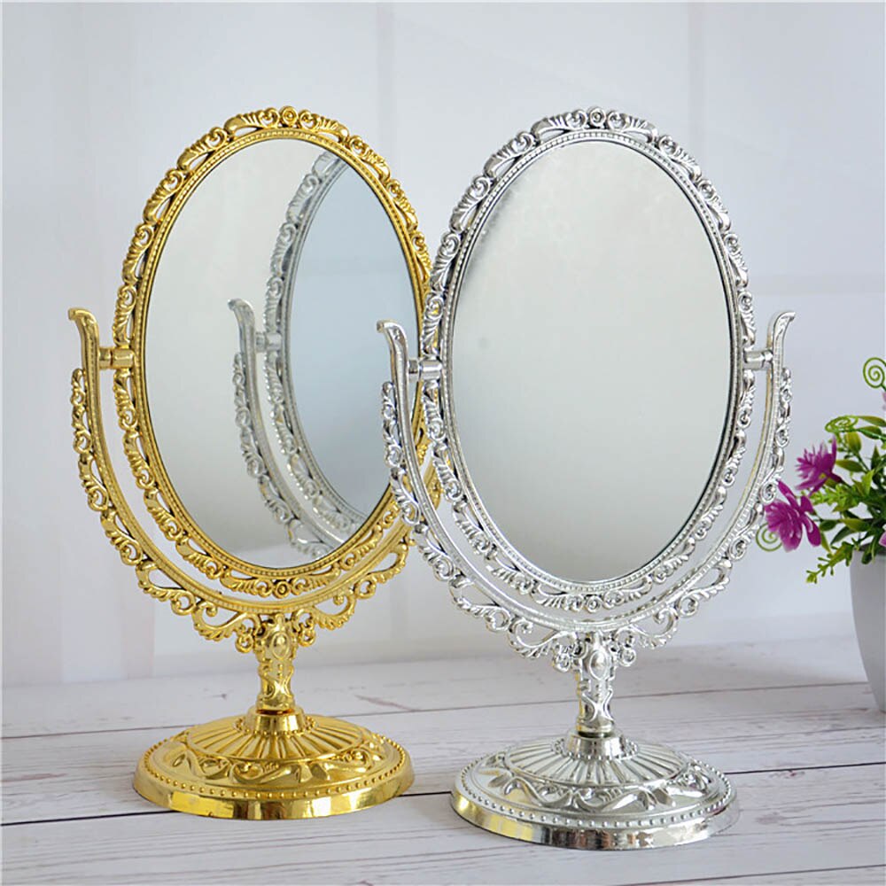 2 Color European Style Desktop Two Sided Oval Archaistic Swivel Makeup Cosmetic Mirror