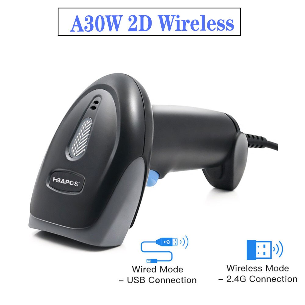 HBAPOS-escáner de código de barras inalámbrico, lector de imágenes PDF417 de mano, matriz de datos, decodificador de código de barras, Bluetooth, USB, cable UPC 1D 2D QR: A30W 2D Wireless