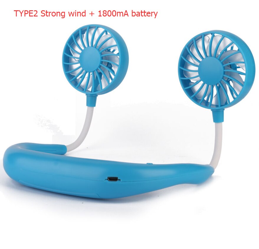 Mini USB Portable Fan Neck Fan Neckband With Rechargeable Battery Small Desk Fans handheld Air Cooler Light and Arama: Type2 Blue