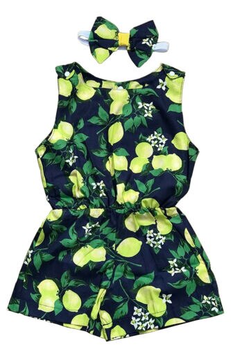 Nyfødt baby pige rompers pandebånd frugt citron vandmelon sommertøj ærmeløs jumpsuit playsuit outfits kostume: Citron / 4t