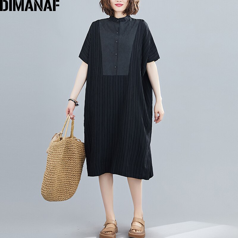 Dimanaf sommer plus størrelse kvinder kjole sundress stribet splejset kvindelig kontor dame vestidos løs afslappet skjortekjole sort