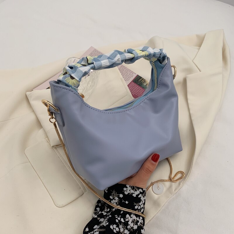 Stijlvolle Hobo Tassen Vrouwen Ketting Kleine Crossbody Tassen Pu Lederen Solid Hand Handtassen Portemonnee Branded: Sky Blue