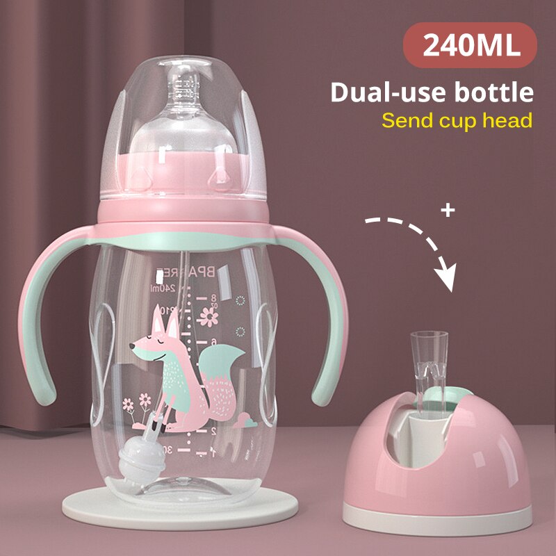 Babyvoeding Fles Kids Water Fles Dual-Gebruik Fles Breed Kaliber Eendenbek Cup Melk Hittebestendig Zuigeling Pp fles: Pink 240ML SET