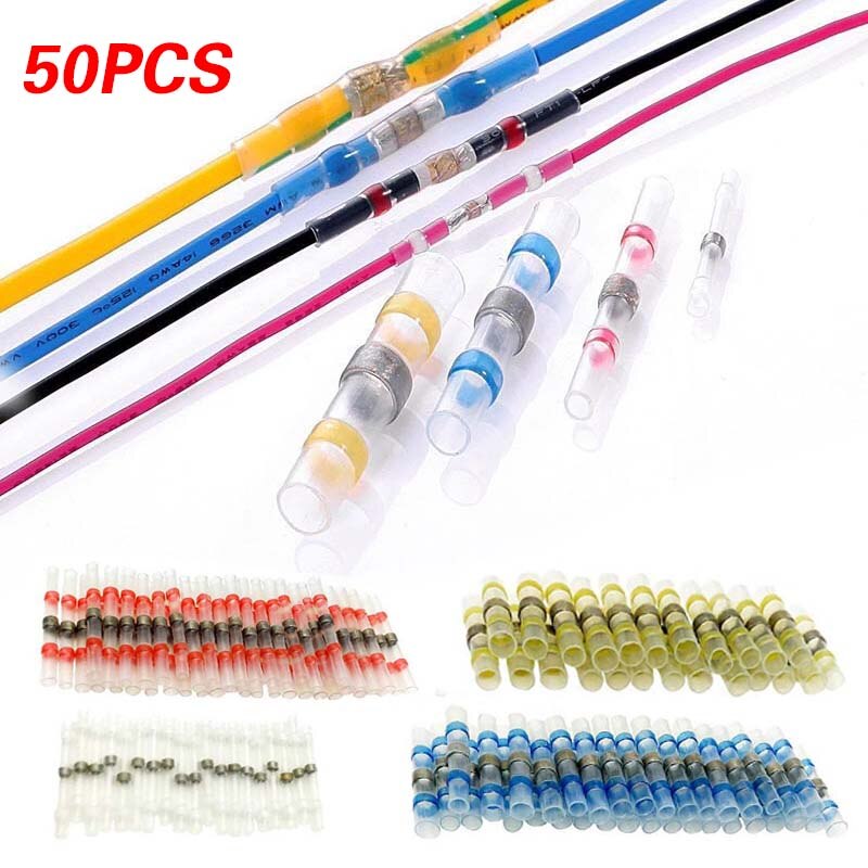 50PCS 4 colors Waterproof Solder Seal Heat Shrink Butt Wire Connectors Terminals Electrical Soldering Sleeve with Box Dropshippi