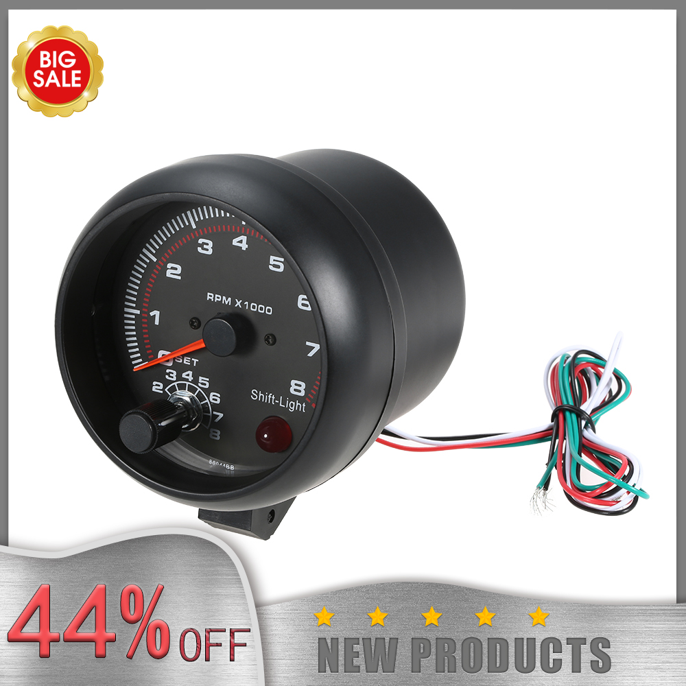 3.75&quot; Car Universal Black Tachometer Gauge White Inter Shift light 0-8000 RPM